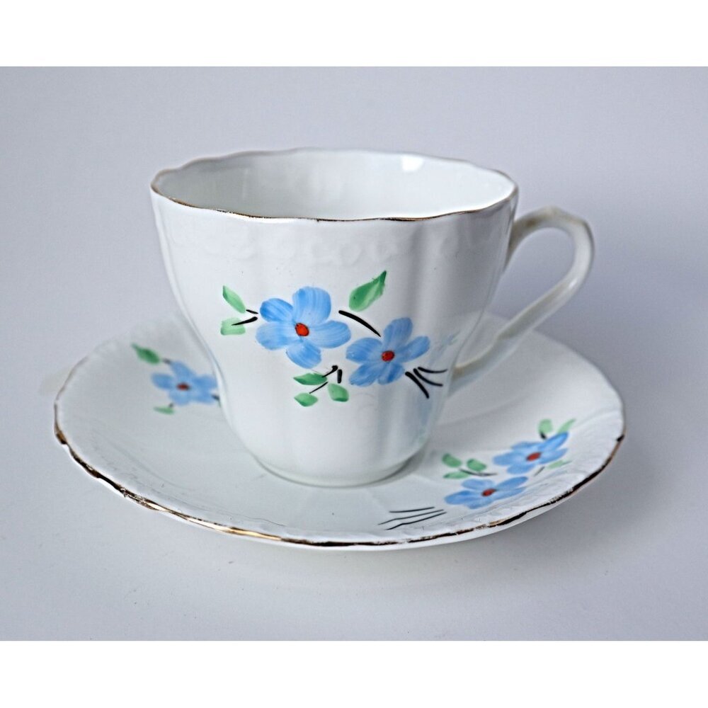 Vintage Melba Teacup and Saucer Floral Blue & White Bone China Tea Cup 1940's